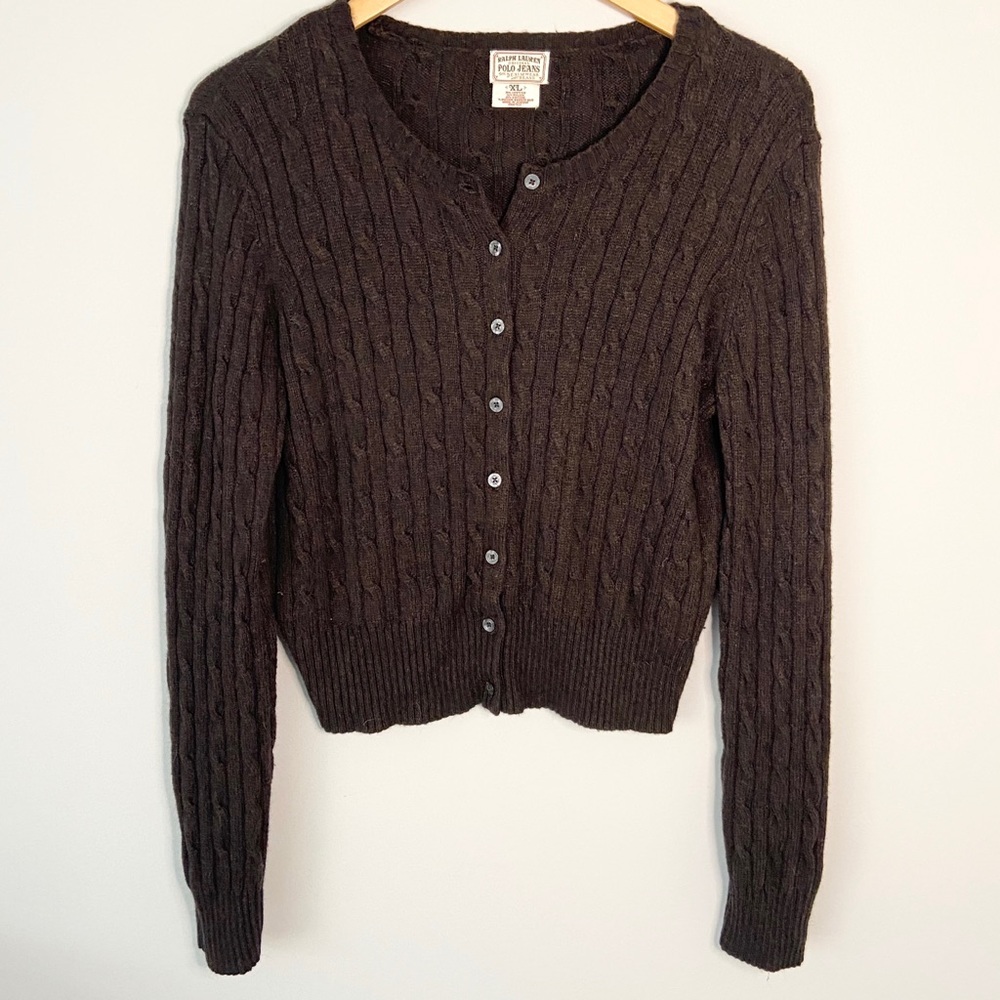 POLO JEANS Brown Cable Knit Cropped Cardigan XL